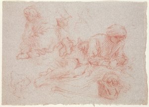 Tutkimus makuuasennosta (punainen liitu paperille) tekijältä Jean Antoine Watteau